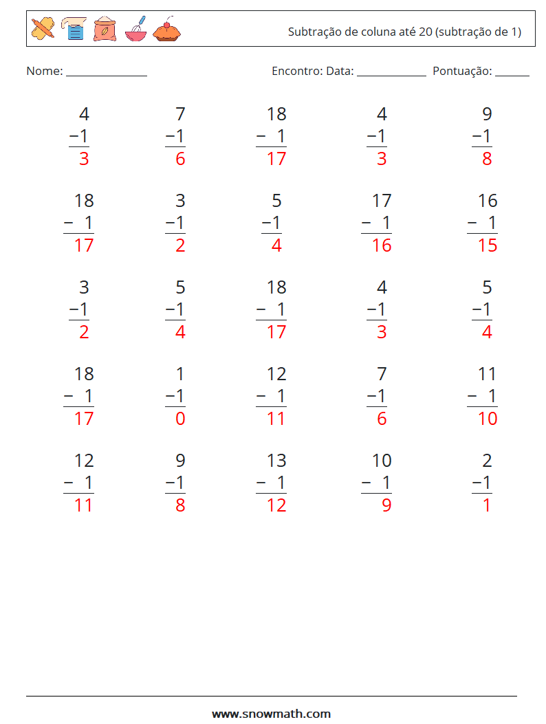 (25) Subtração de coluna até 20 (subtração de 1) planilhas matemáticas 13 Pergunta, Resposta