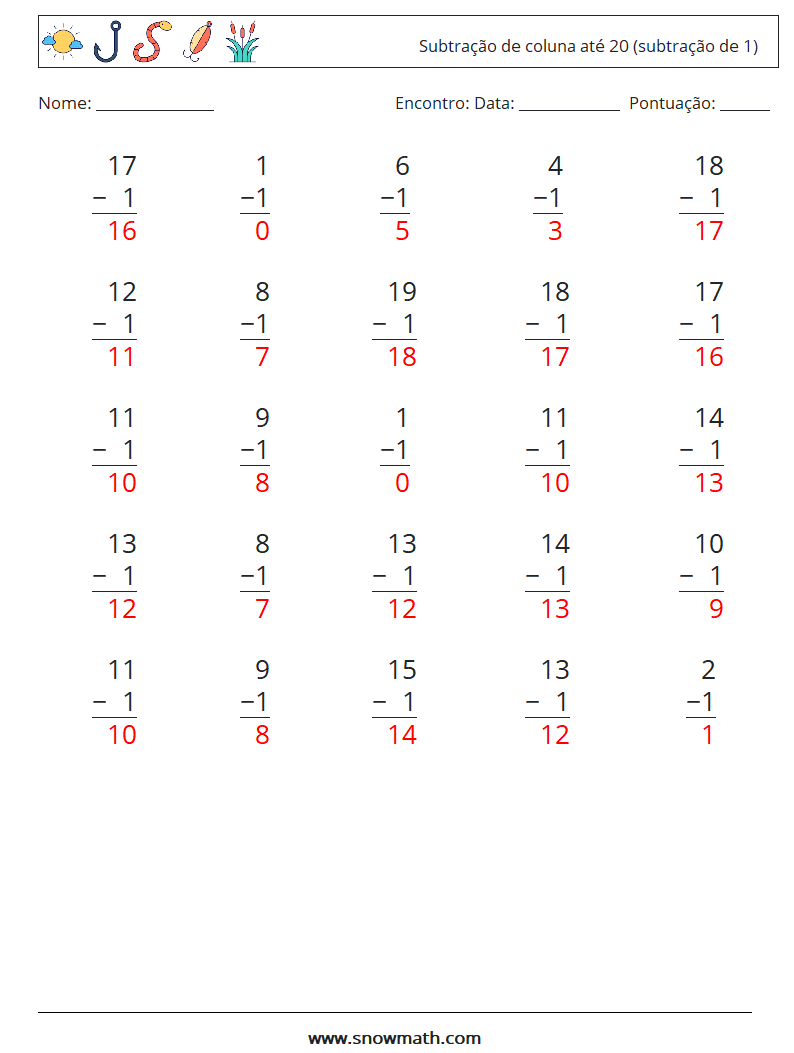 (25) Subtração de coluna até 20 (subtração de 1) planilhas matemáticas 17 Pergunta, Resposta