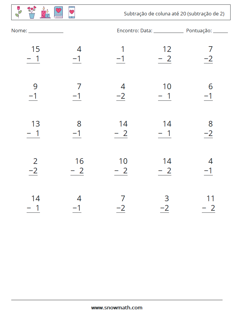 (25) Subtração de coluna até 20 (subtração de 2) planilhas matemáticas 13