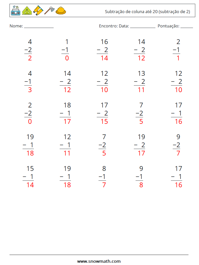 (25) Subtração de coluna até 20 (subtração de 2) planilhas matemáticas 16 Pergunta, Resposta