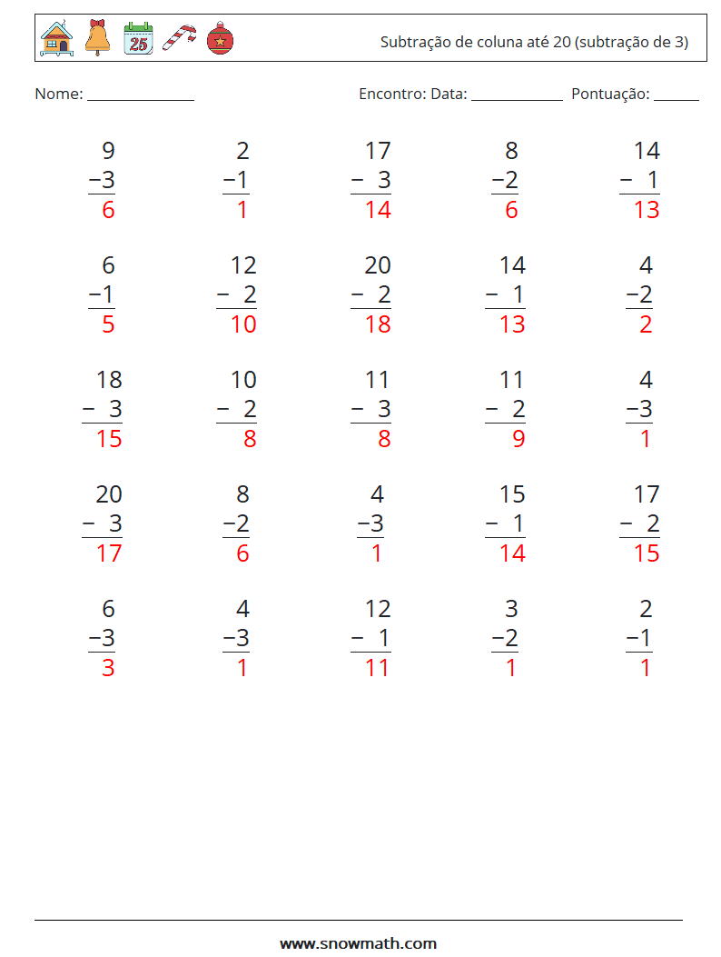 (25) Subtração de coluna até 20 (subtração de 3) planilhas matemáticas 10 Pergunta, Resposta