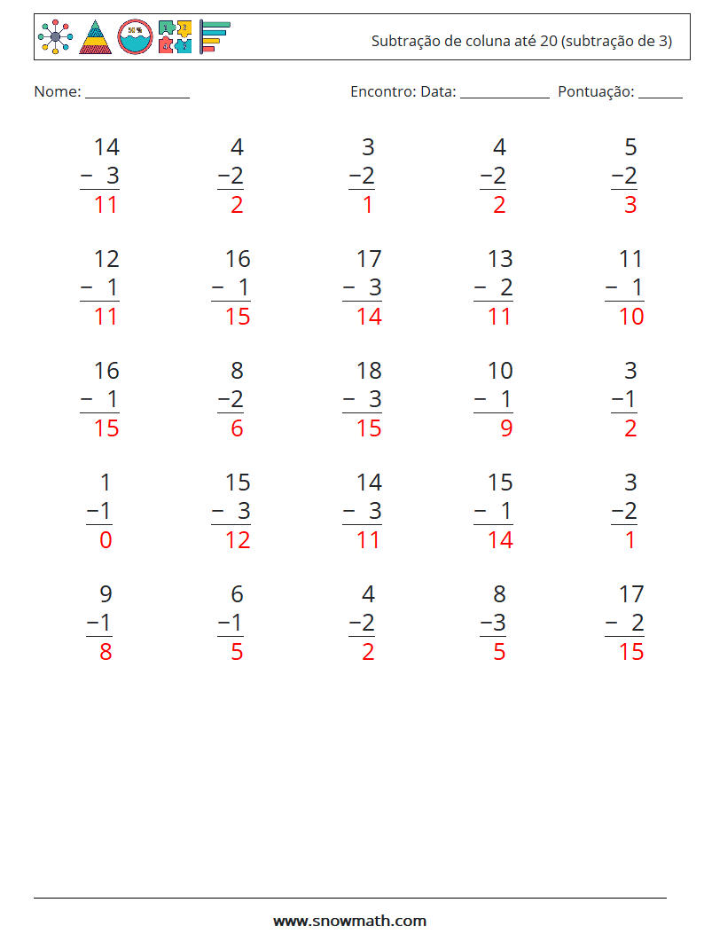 (25) Subtração de coluna até 20 (subtração de 3) planilhas matemáticas 14 Pergunta, Resposta