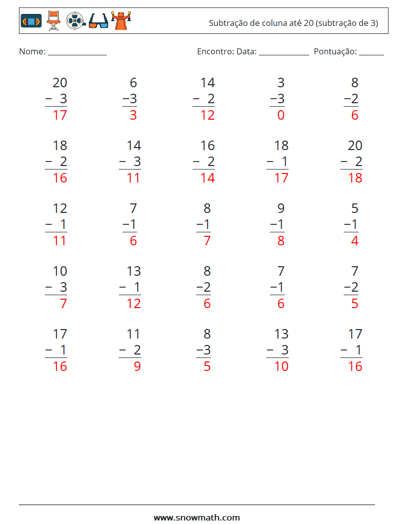 (25) Subtração de coluna até 20 (subtração de 3) planilhas matemáticas 15 Pergunta, Resposta