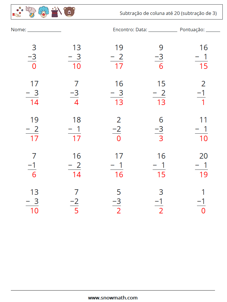 (25) Subtração de coluna até 20 (subtração de 3) planilhas matemáticas 16 Pergunta, Resposta