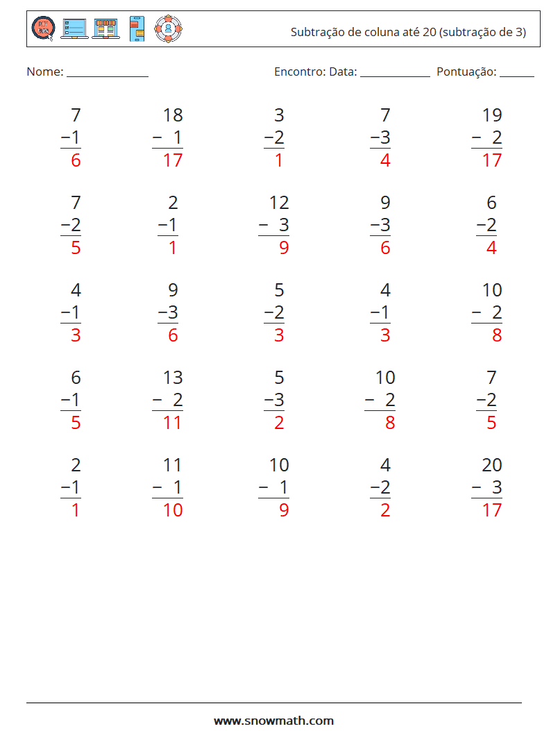 (25) Subtração de coluna até 20 (subtração de 3) planilhas matemáticas 18 Pergunta, Resposta