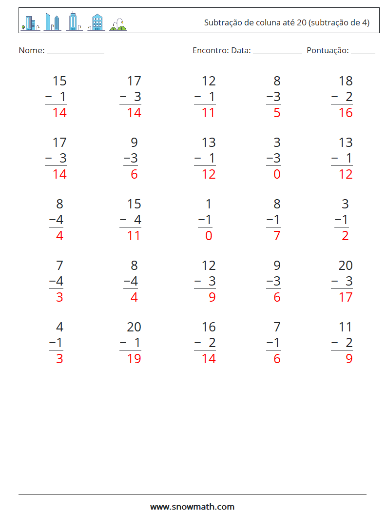 (25) Subtração de coluna até 20 (subtração de 4) planilhas matemáticas 12 Pergunta, Resposta