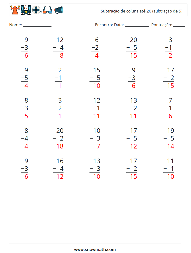 (25) Subtração de coluna até 20 (subtração de 5) planilhas matemáticas 10 Pergunta, Resposta