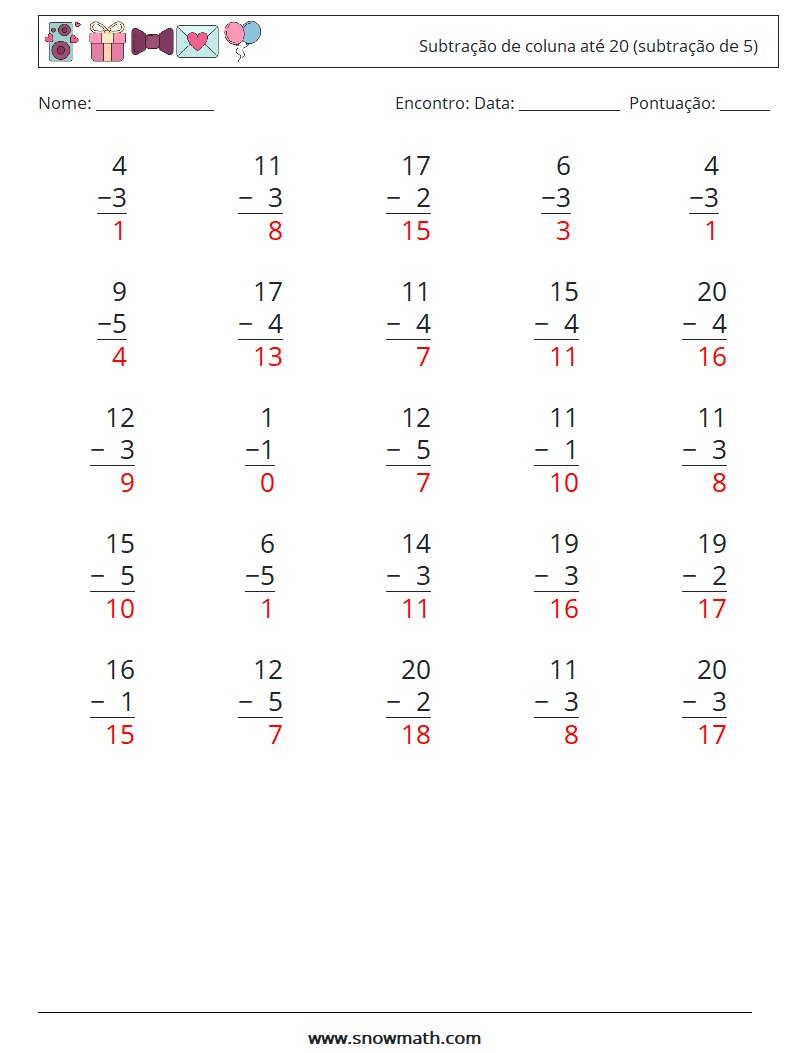 (25) Subtração de coluna até 20 (subtração de 5) planilhas matemáticas 15 Pergunta, Resposta