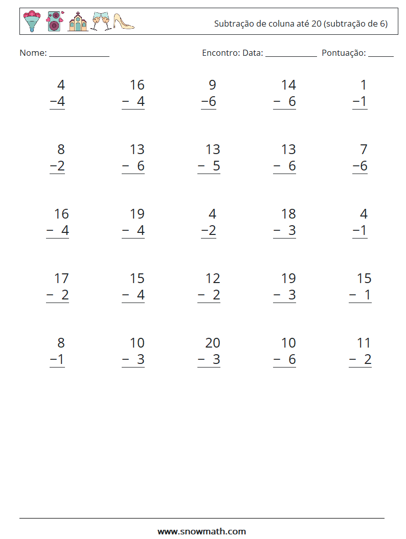 (25) Subtração de coluna até 20 (subtração de 6) planilhas matemáticas 12