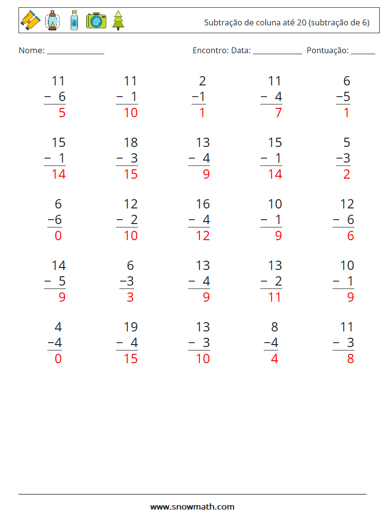 (25) Subtração de coluna até 20 (subtração de 6) planilhas matemáticas 16 Pergunta, Resposta