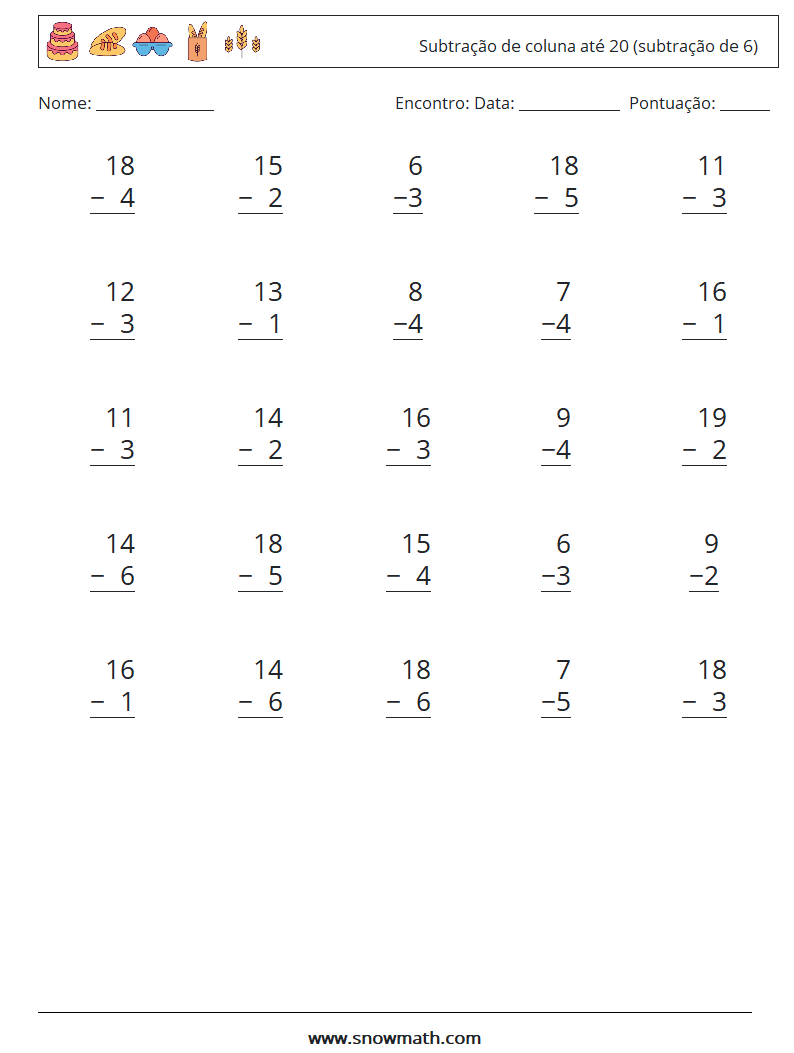 (25) Subtração de coluna até 20 (subtração de 6) planilhas matemáticas 17
