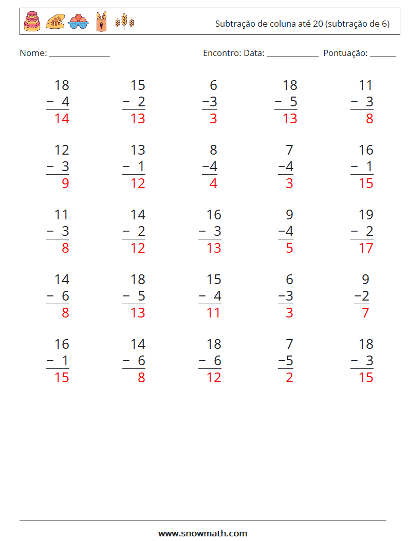 (25) Subtração de coluna até 20 (subtração de 6) planilhas matemáticas 17 Pergunta, Resposta