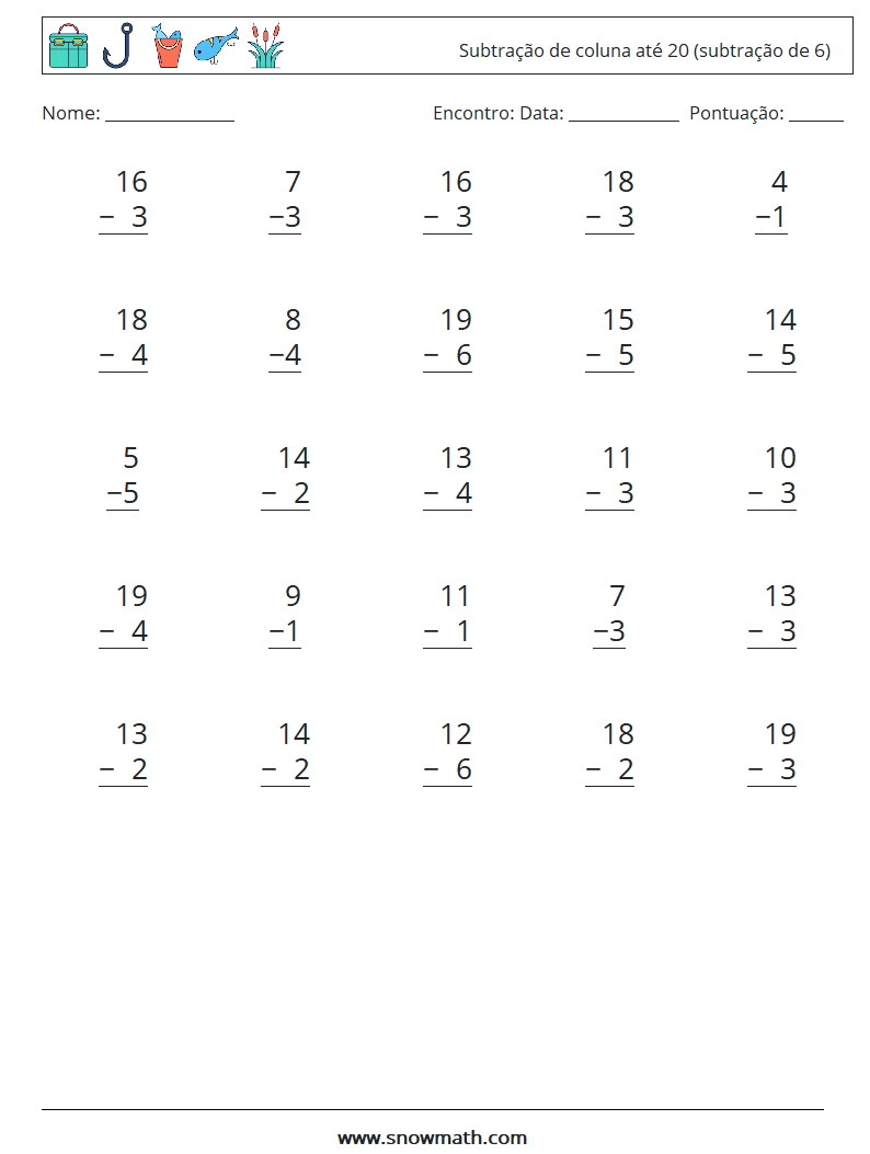 (25) Subtração de coluna até 20 (subtração de 6) planilhas matemáticas 7