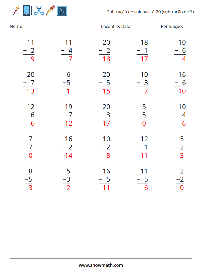 (25) Subtração de coluna até 20 (subtração de 7) planilhas matemáticas 13 Pergunta, Resposta