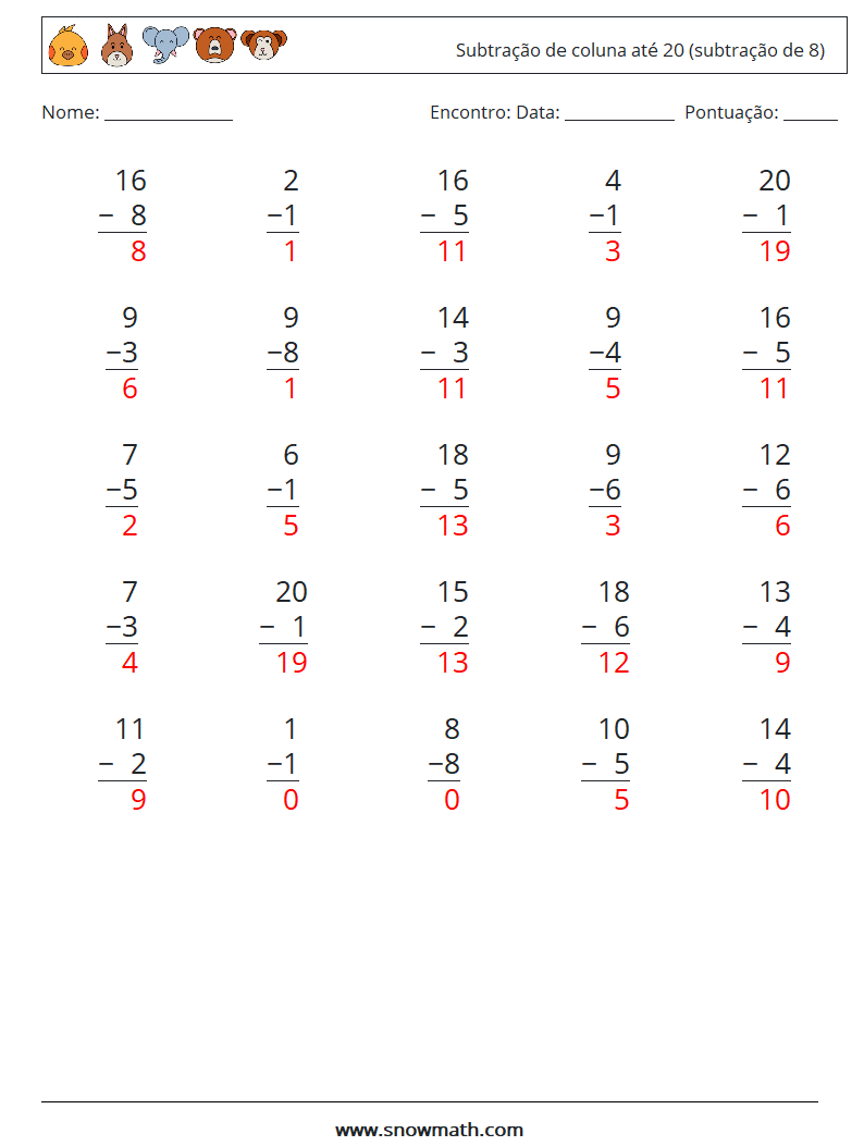 (25) Subtração de coluna até 20 (subtração de 8) planilhas matemáticas 14 Pergunta, Resposta