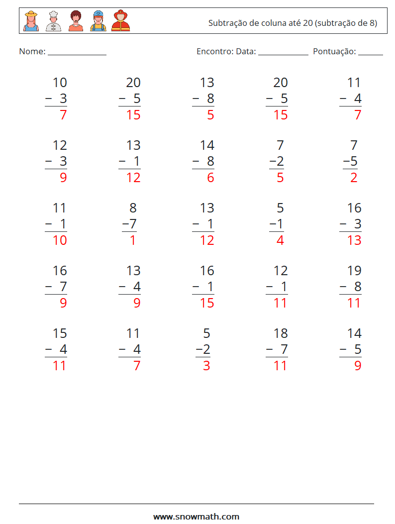 (25) Subtração de coluna até 20 (subtração de 8) planilhas matemáticas 16 Pergunta, Resposta