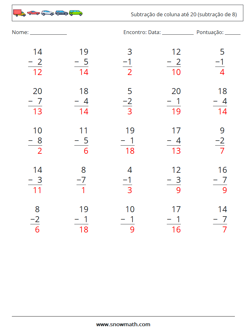 (25) Subtração de coluna até 20 (subtração de 8) planilhas matemáticas 17 Pergunta, Resposta