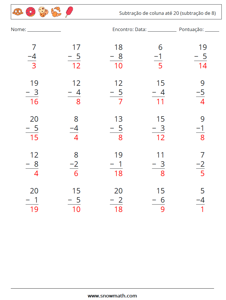 (25) Subtração de coluna até 20 (subtração de 8) planilhas matemáticas 18 Pergunta, Resposta