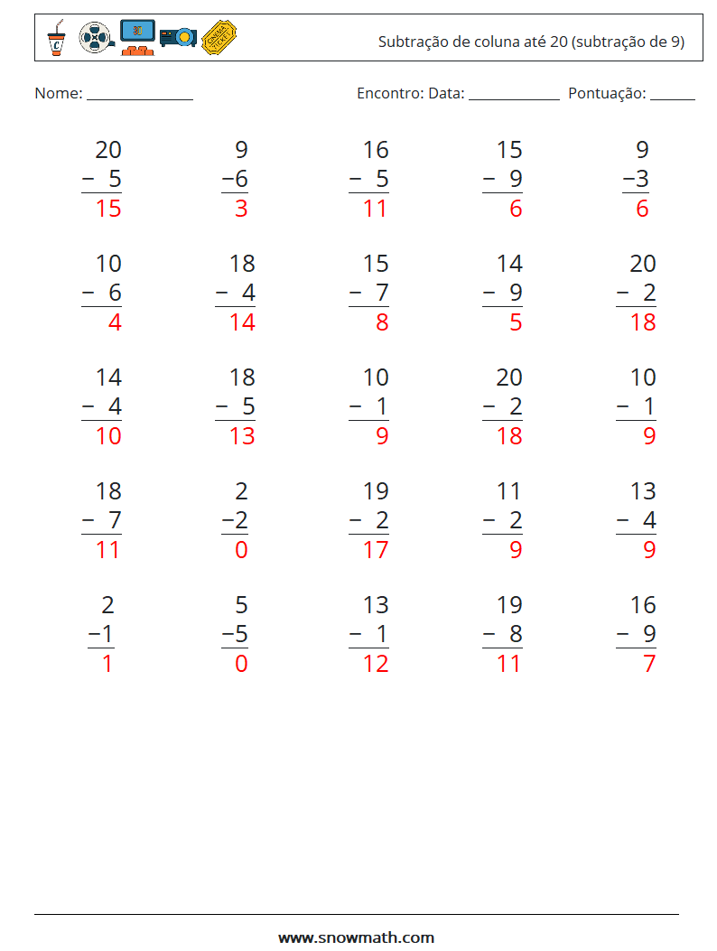 (25) Subtração de coluna até 20 (subtração de 9) planilhas matemáticas 18 Pergunta, Resposta