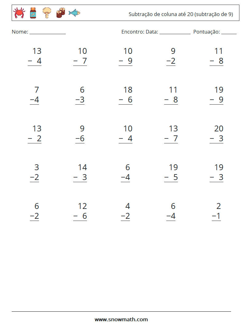 (25) Subtração de coluna até 20 (subtração de 9) planilhas matemáticas 4