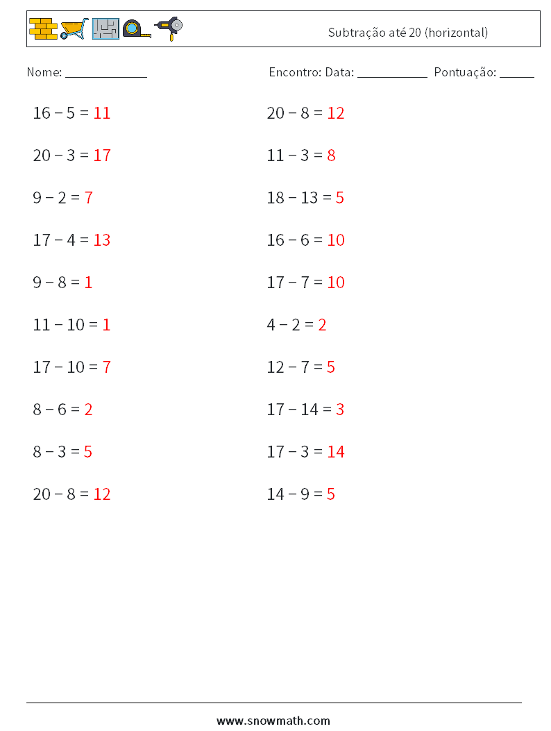 (20) Subtração até 20 (horizontal) planilhas matemáticas 1 Pergunta, Resposta