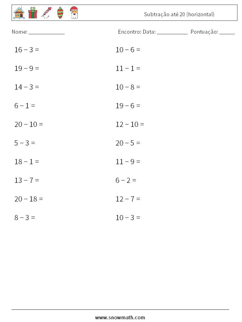(20) Subtração até 20 (horizontal) planilhas matemáticas 2