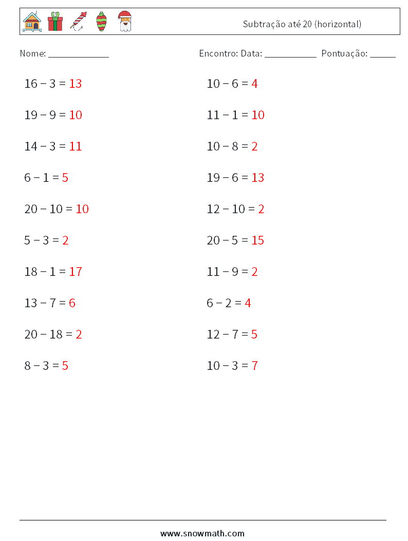 (20) Subtração até 20 (horizontal) planilhas matemáticas 2 Pergunta, Resposta