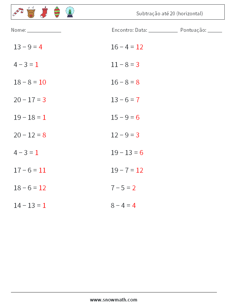 (20) Subtração até 20 (horizontal) planilhas matemáticas 3 Pergunta, Resposta