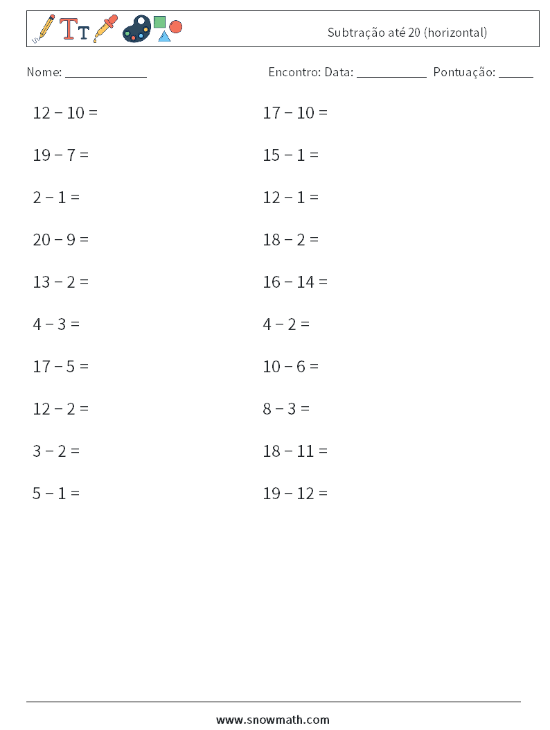 (20) Subtração até 20 (horizontal) planilhas matemáticas 4