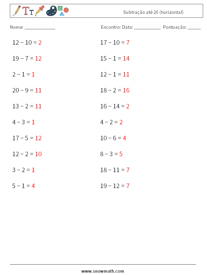 (20) Subtração até 20 (horizontal) planilhas matemáticas 4 Pergunta, Resposta