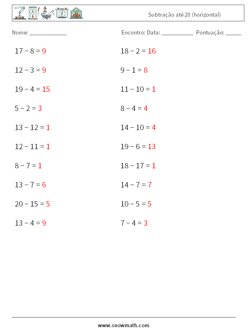 (20) Subtração até 20 (horizontal) planilhas matemáticas 5 Pergunta, Resposta
