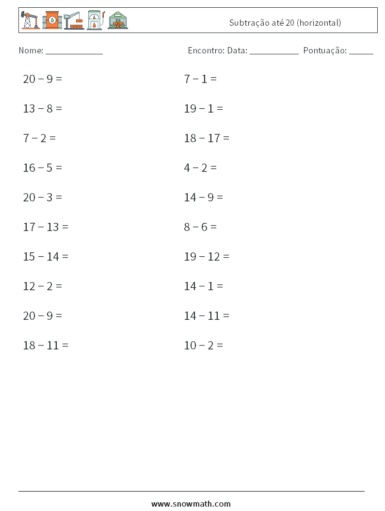 (20) Subtração até 20 (horizontal) planilhas matemáticas 6