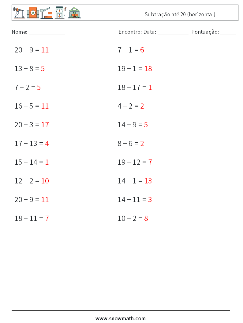 (20) Subtração até 20 (horizontal) planilhas matemáticas 6 Pergunta, Resposta
