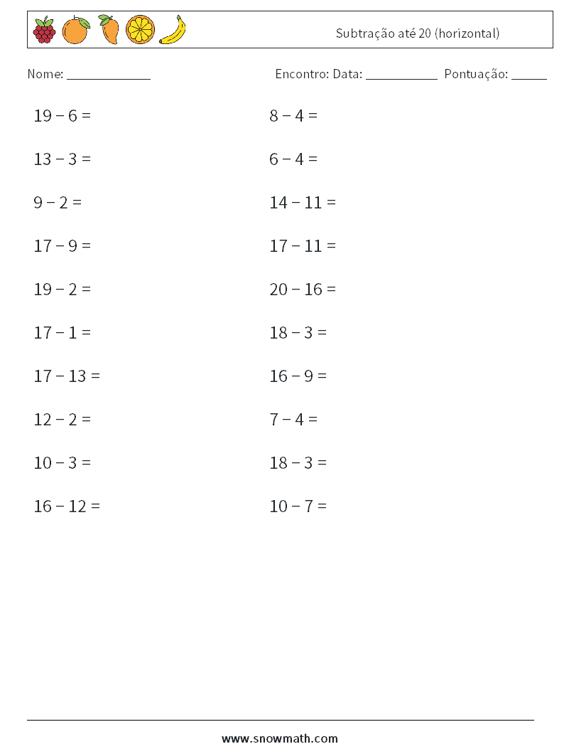 (20) Subtração até 20 (horizontal) planilhas matemáticas 7