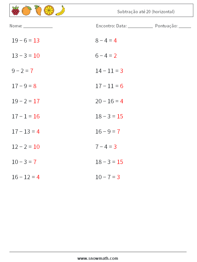 (20) Subtração até 20 (horizontal) planilhas matemáticas 7 Pergunta, Resposta
