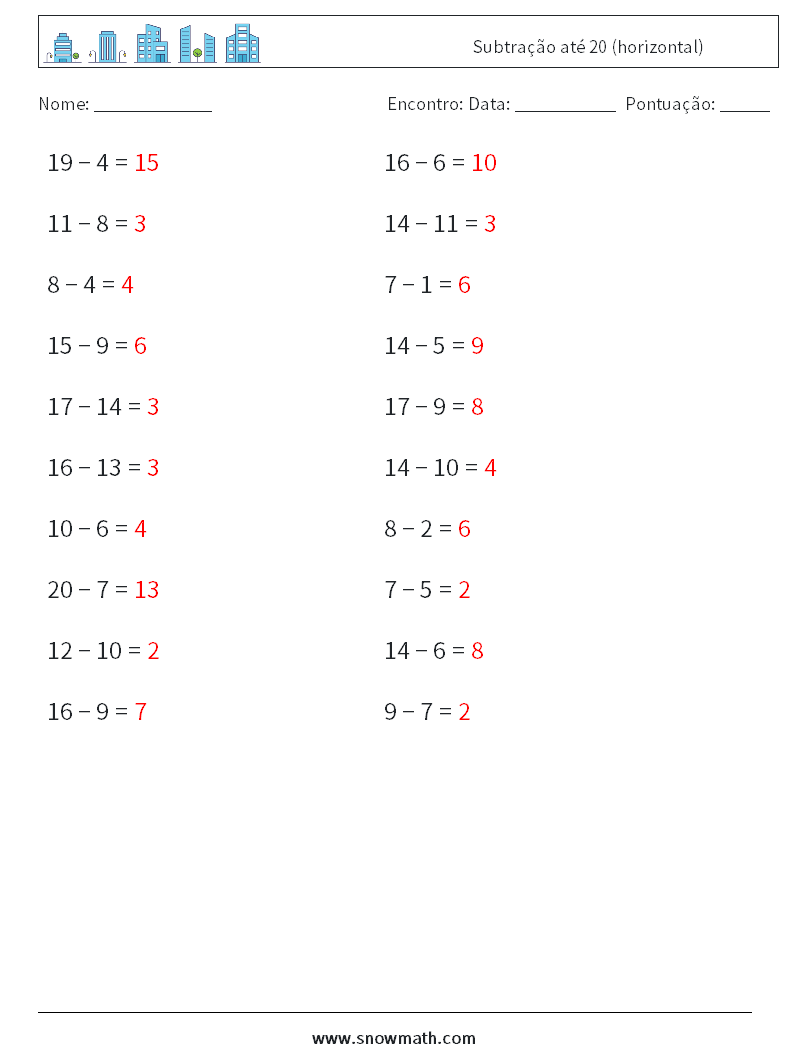 (20) Subtração até 20 (horizontal) planilhas matemáticas 8 Pergunta, Resposta