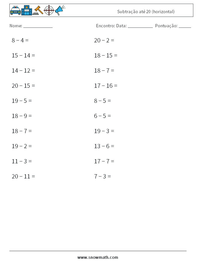 (20) Subtração até 20 (horizontal) planilhas matemáticas 9