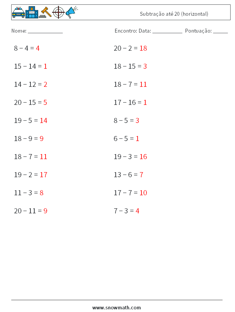 (20) Subtração até 20 (horizontal) planilhas matemáticas 9 Pergunta, Resposta