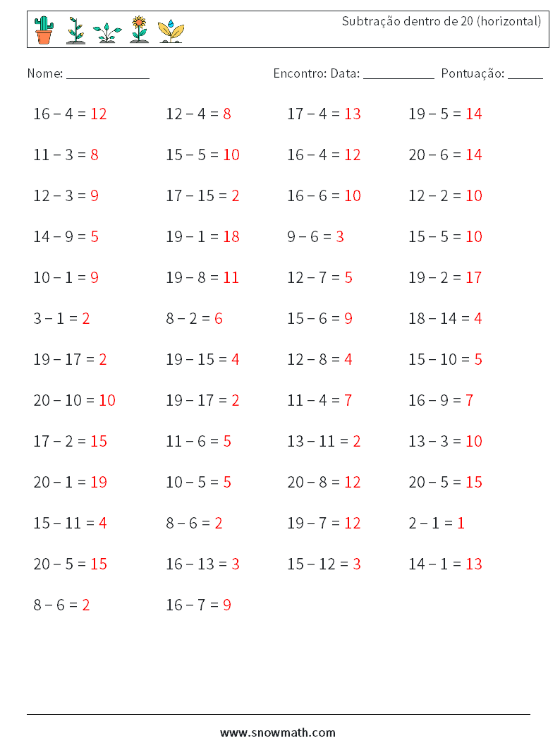 (50) Subtração dentro de 20 (horizontal) planilhas matemáticas 1 Pergunta, Resposta