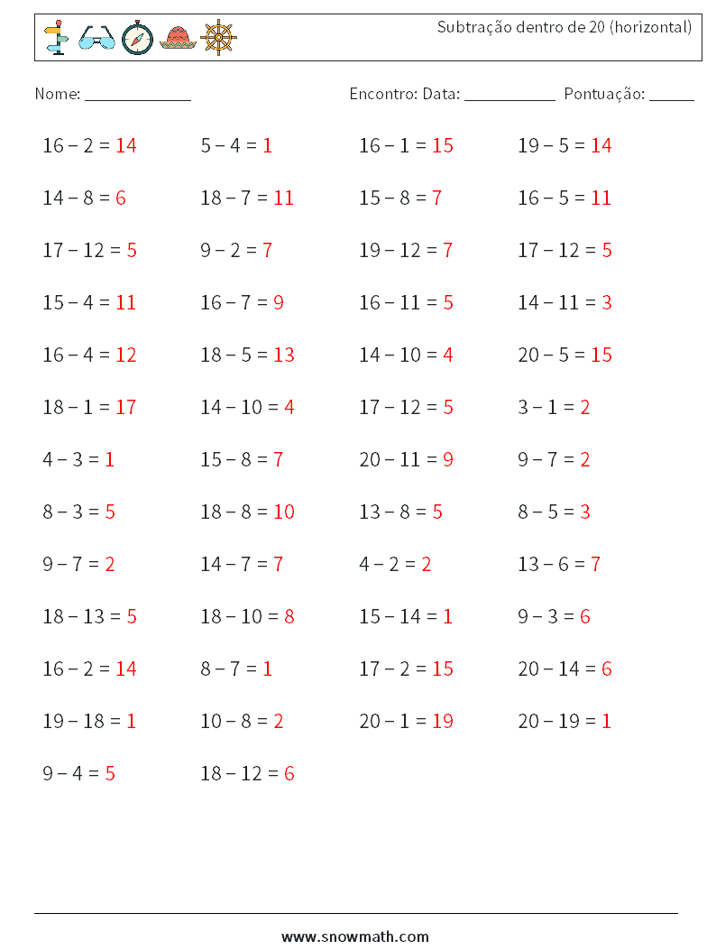 (50) Subtração dentro de 20 (horizontal) planilhas matemáticas 2 Pergunta, Resposta