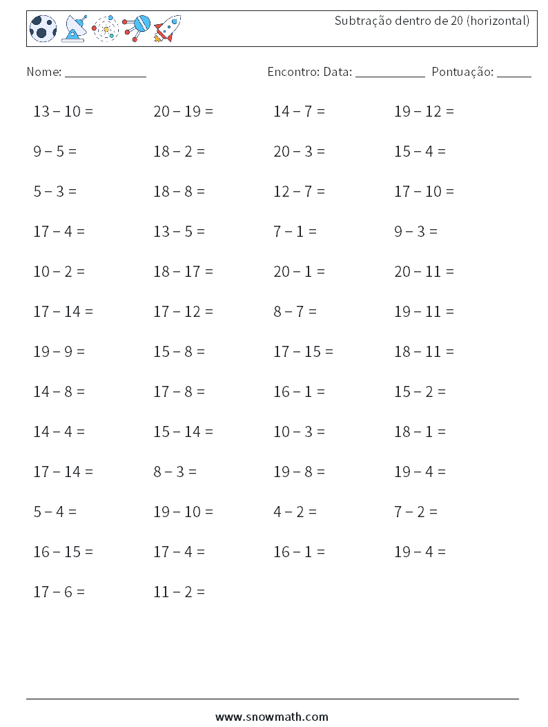 (50) Subtração dentro de 20 (horizontal) planilhas matemáticas 3