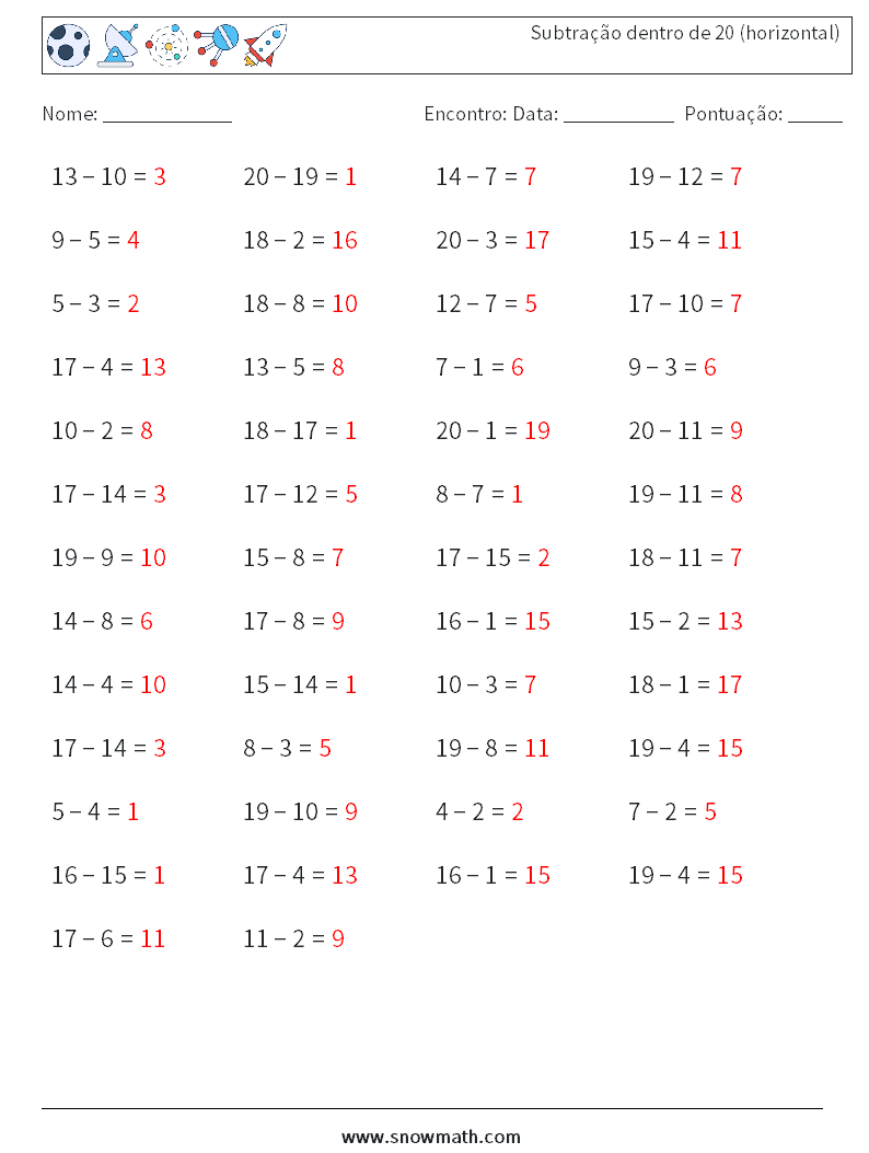 (50) Subtração dentro de 20 (horizontal) planilhas matemáticas 3 Pergunta, Resposta