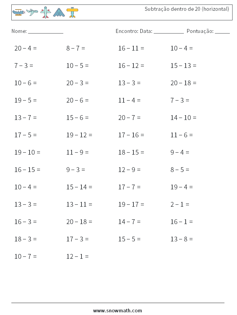 (50) Subtração dentro de 20 (horizontal) planilhas matemáticas 4