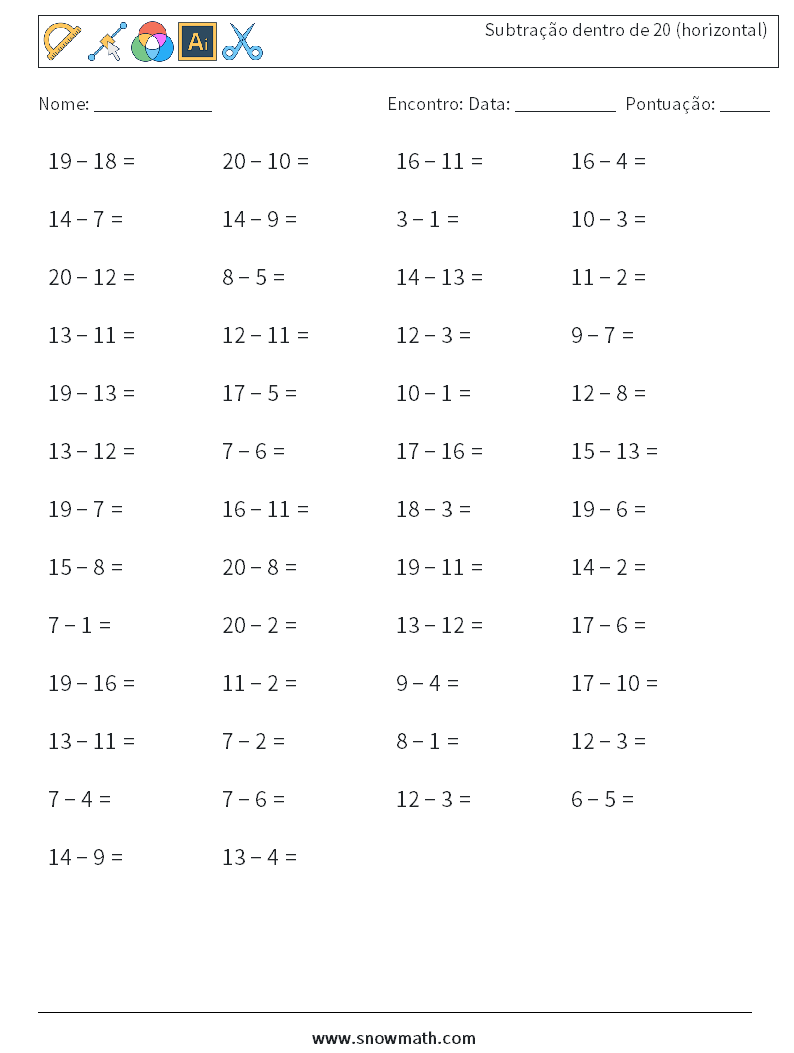 (50) Subtração dentro de 20 (horizontal) planilhas matemáticas 5