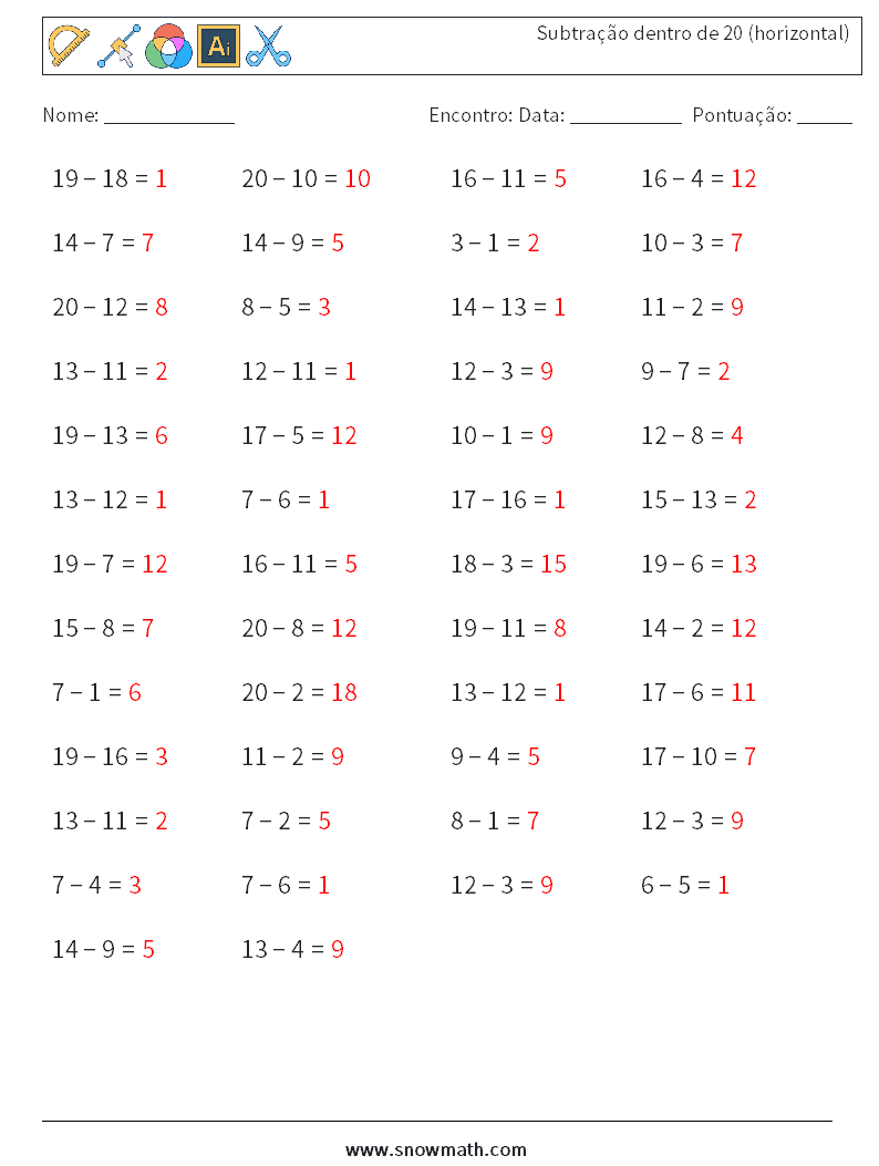 (50) Subtração dentro de 20 (horizontal) planilhas matemáticas 5 Pergunta, Resposta