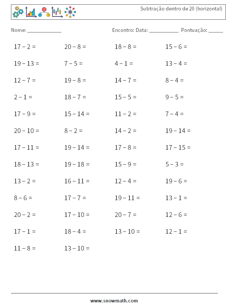 (50) Subtração dentro de 20 (horizontal) planilhas matemáticas 6