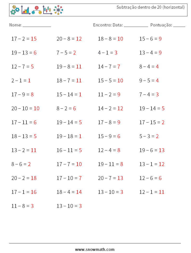 (50) Subtração dentro de 20 (horizontal) planilhas matemáticas 6 Pergunta, Resposta