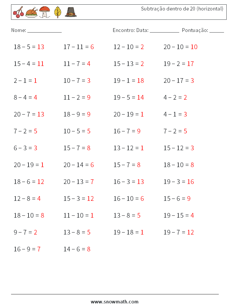 (50) Subtração dentro de 20 (horizontal) planilhas matemáticas 7 Pergunta, Resposta