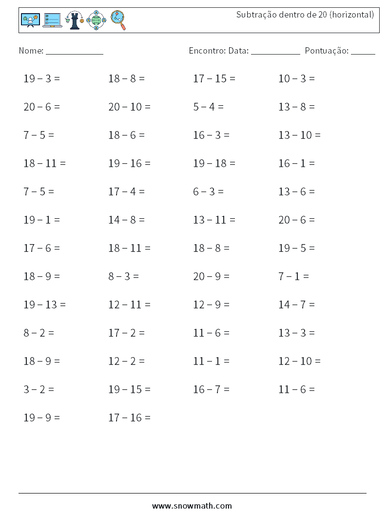 (50) Subtração dentro de 20 (horizontal) planilhas matemáticas 8