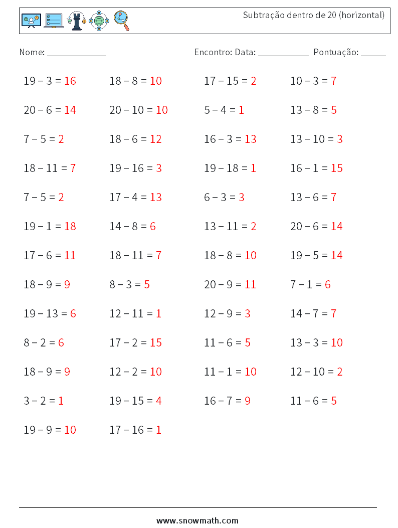(50) Subtração dentro de 20 (horizontal) planilhas matemáticas 8 Pergunta, Resposta
